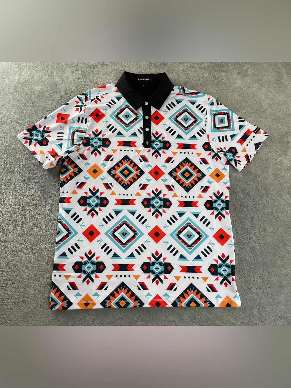 Byrd Gang Polo Shirt Men’s Medium Geometric Aztec Southwest Golf Performance